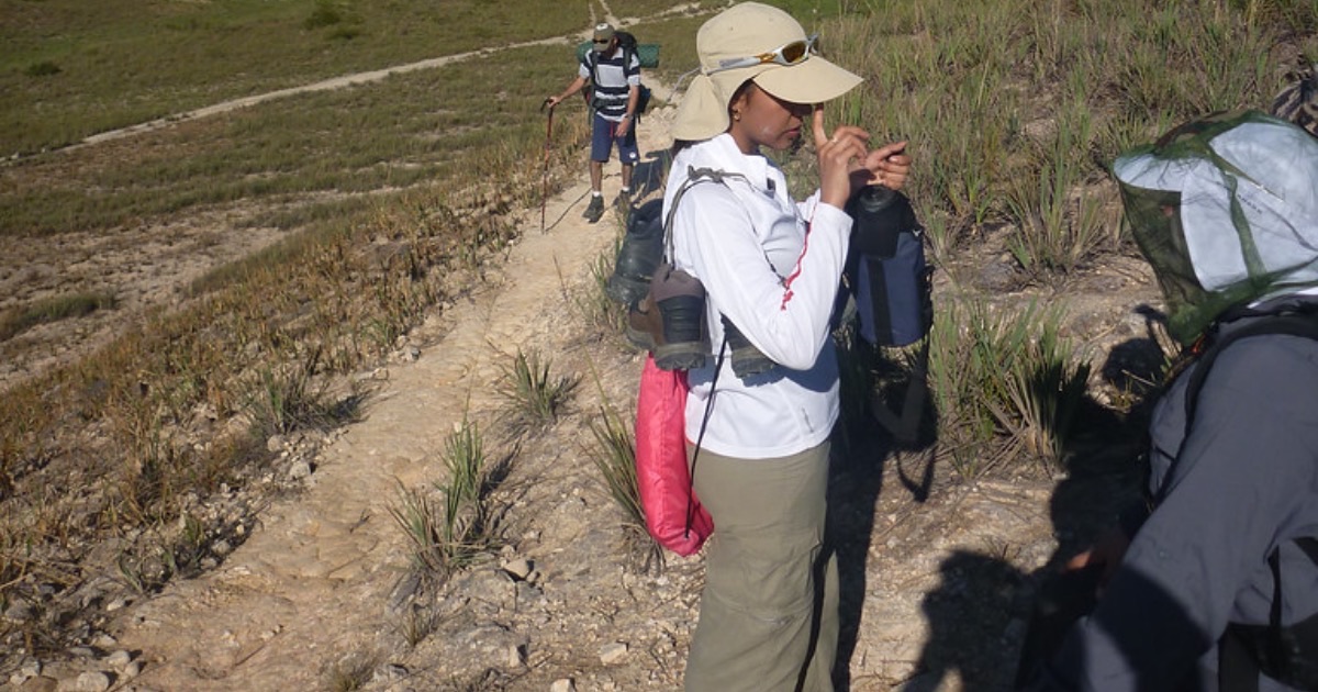 登山道で休憩しながら虫除けを塗り直している登山者
