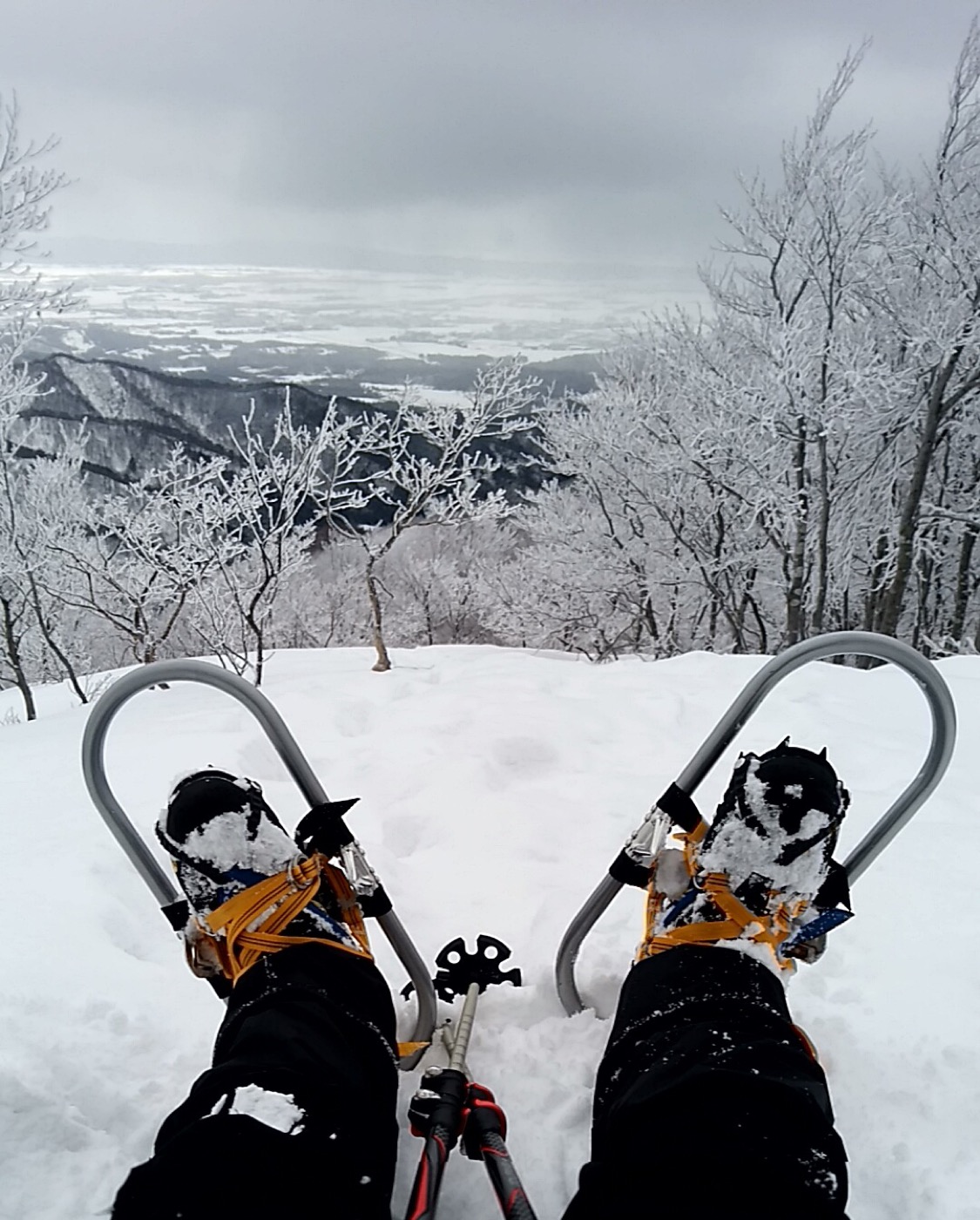 樹氷の樹林帯で、アイゼンの上からワカンを装着した登山者の足元